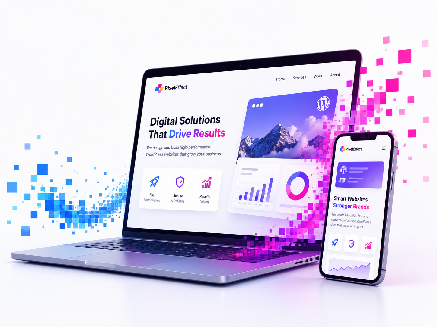 Illustratie van een WordPress website met kleurrijke pixel effecten